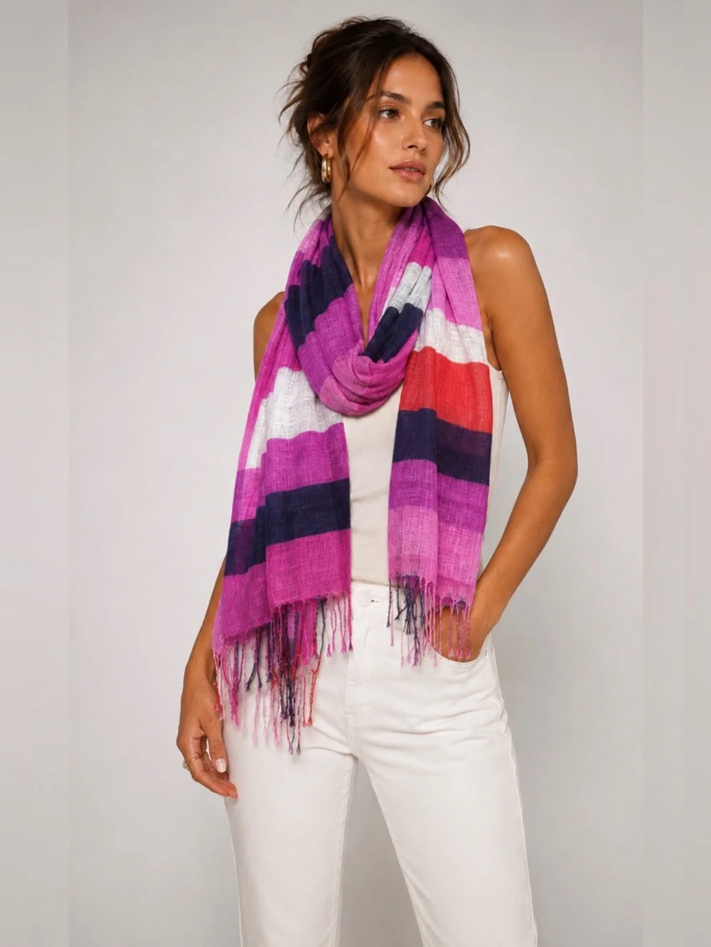 Talbots Lightweight Striped Scarf Pink Purple Navy White Fringe Wrap Shawl